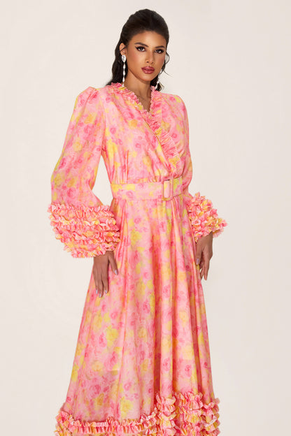 Vestido midi floral de manga larga con escote en V y cinturón 