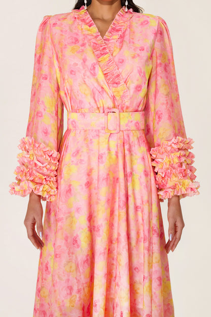 Vestido midi floral de manga larga con escote en V y cinturón 