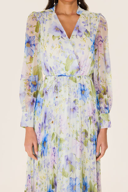 Vestido midi de gasa plisado con flores 