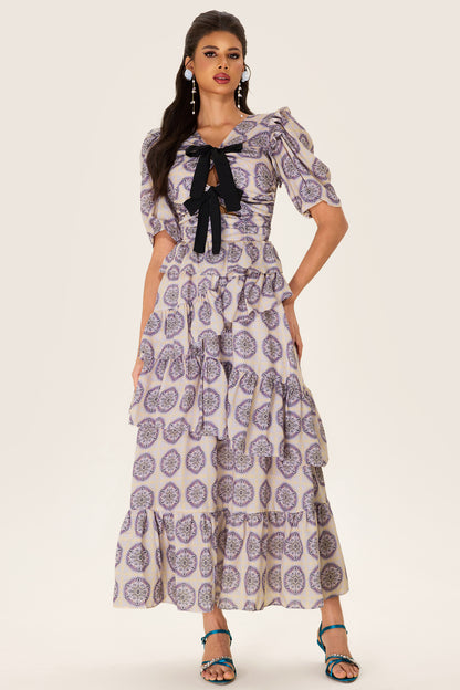 Vestido midi con lazo y mangas abullonadas con volantes 