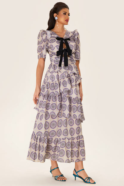 Vestido midi con lazo y mangas abullonadas con volantes 