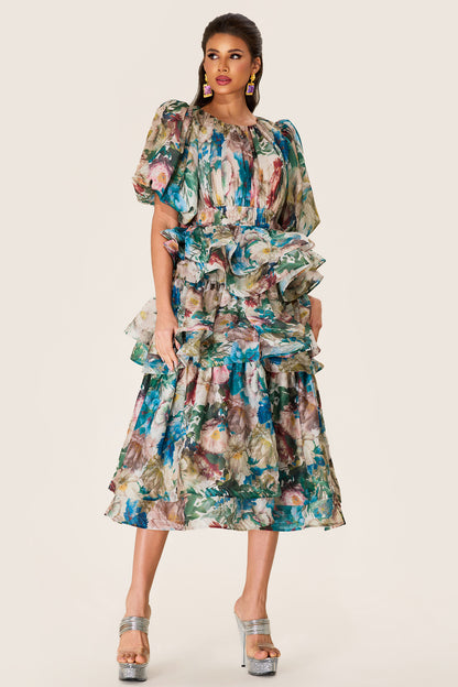 Vestido midi escalonado con mangas abullonadas y estampado floral 