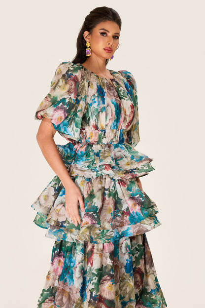 Vestido midi escalonado con mangas abullonadas y estampado floral 