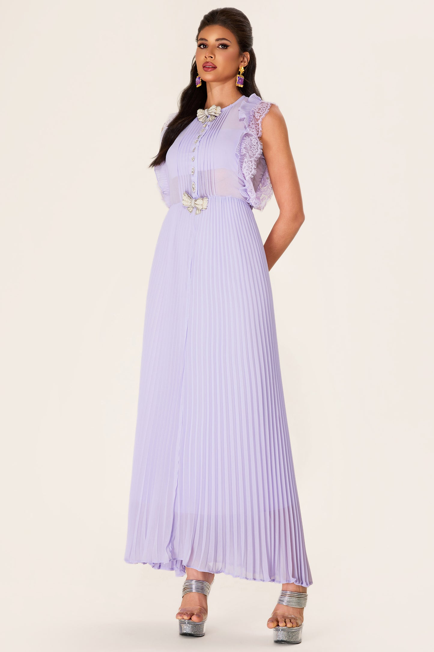 Vestido midi plisado sin mangas con lazo de diamantes de imitación 