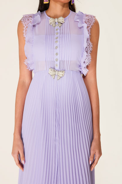 Vestido midi plisado sin mangas con lazo de diamantes de imitación 