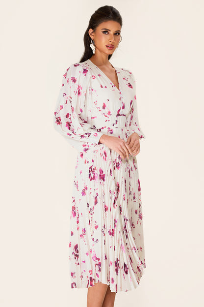 Vestido midi de gasa con cuello en V y estampado floral 