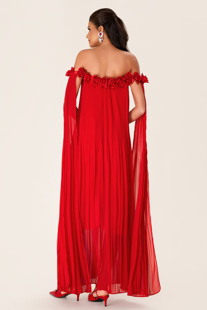 Vestido midi con hombros descubiertos y estampado floral 3D liso 