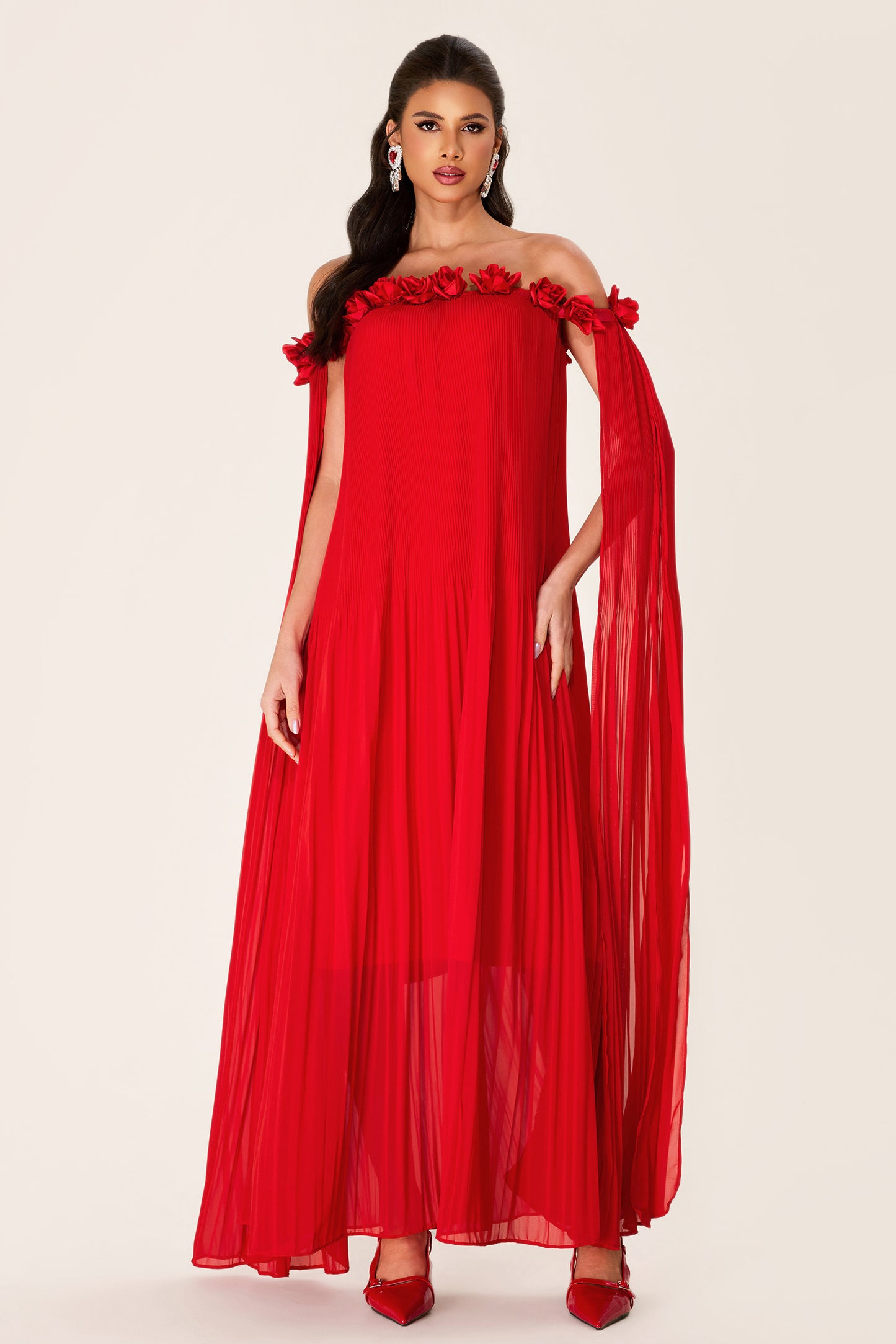 Vestido midi con hombros descubiertos y estampado floral 3D liso 