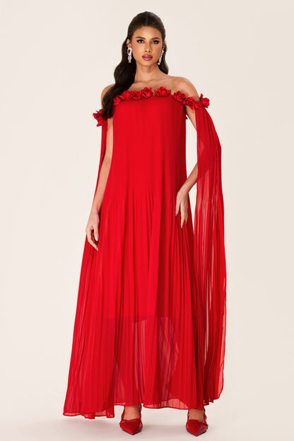 Vestido midi con hombros descubiertos y estampado floral 3D liso 