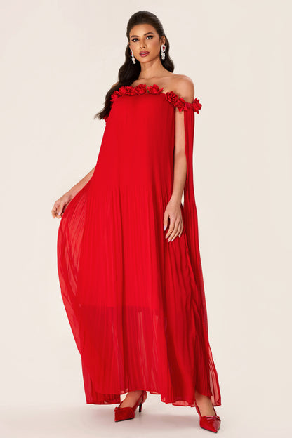 Vestido midi con hombros descubiertos y estampado floral 3D liso 