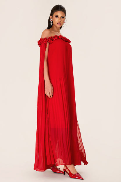 Vestido midi con hombros descubiertos y estampado floral 3D liso 