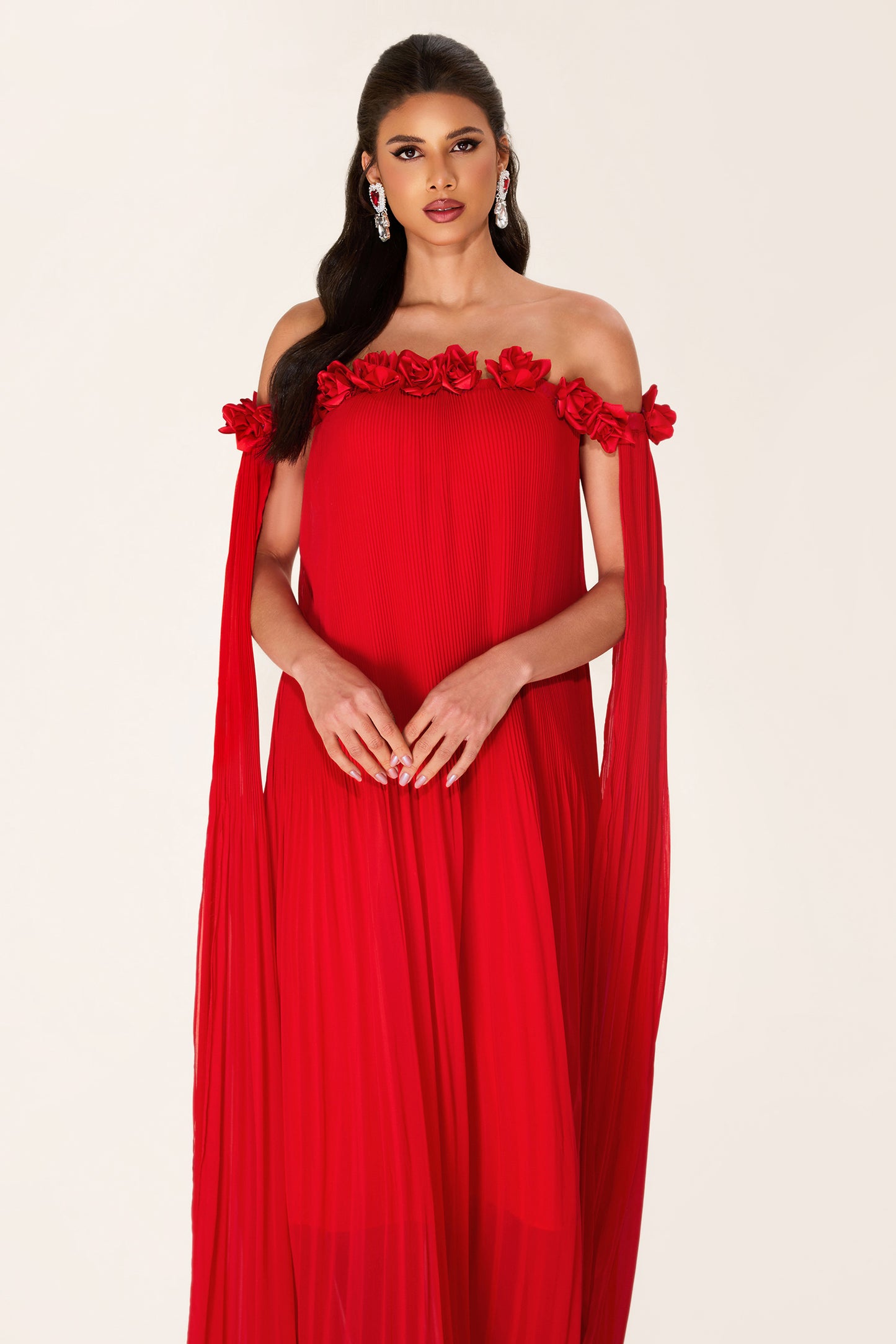 Vestido midi con hombros descubiertos y estampado floral 3D liso 