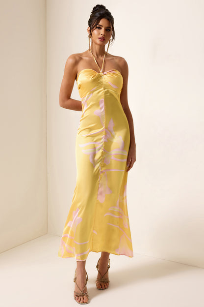 Vestido midi de satén con cuello halter y estampado floral 