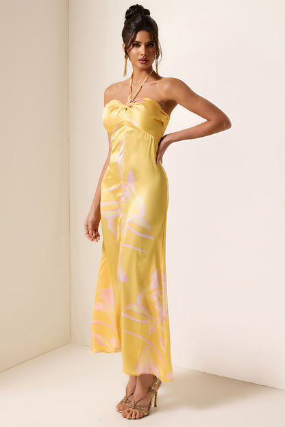 Vestido midi de satén con cuello halter y estampado floral 