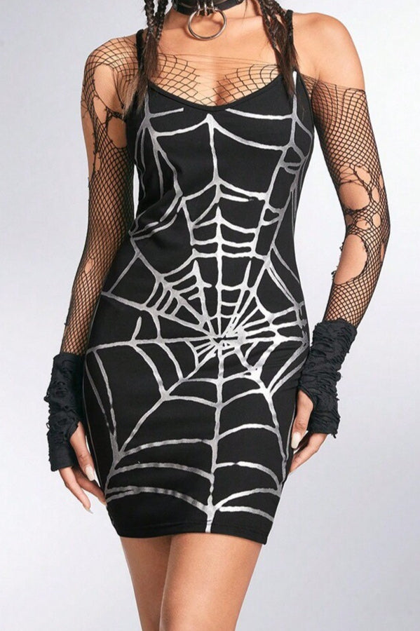 Sexy Strap Spider Print Mini Dress