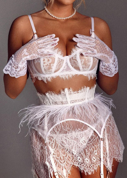 Feather Lace Lingerie Set with Gloves – White Bridal 3-Piece