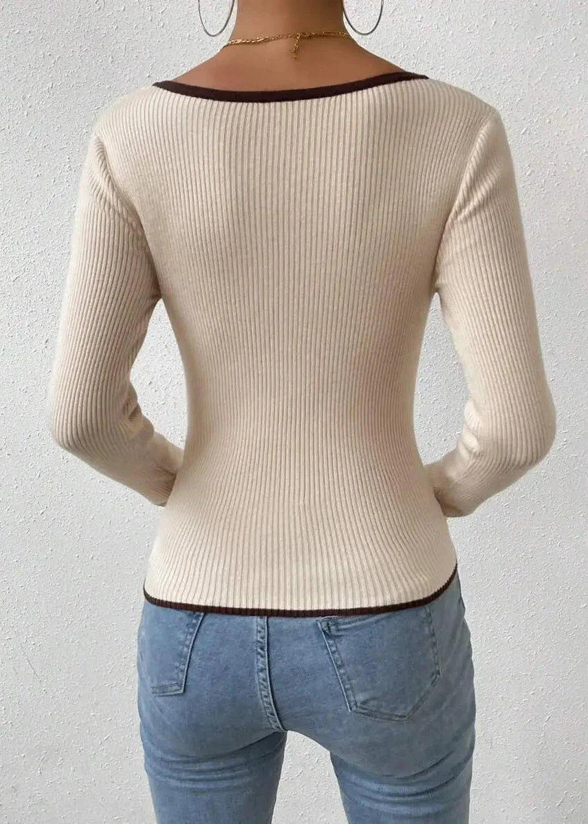 Classic Ribbed Knit V-Neck Sweater with Contrast Trim