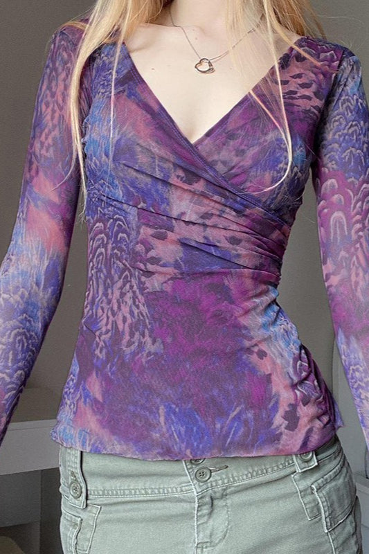 Cross V Neck Printed Blouse