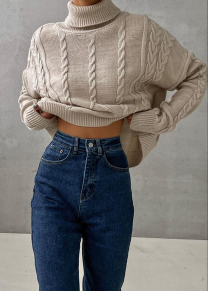 Cable Knit Cropped Turtleneck Sweater – Women’s Chunky Knit Pullover