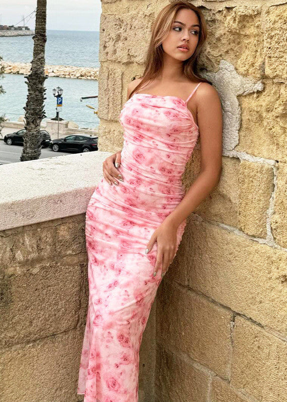 Blush Bloom – Ruched Floral Maxi Dress with Spaghetti Straps
