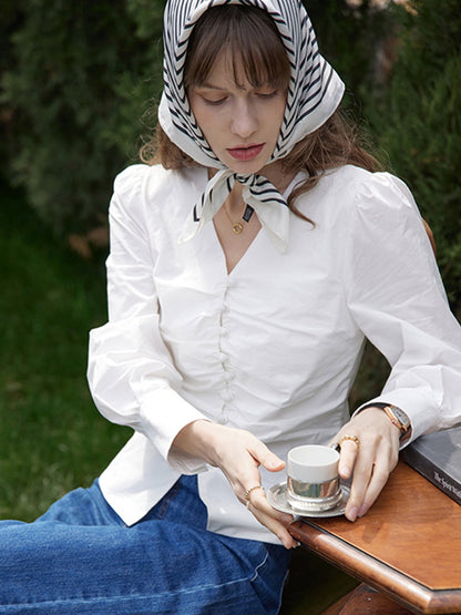 Jasmine Elegant V-Neck Puff sleeve Top-White