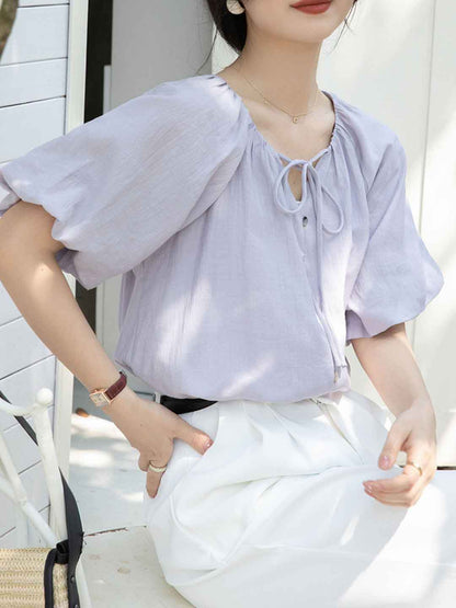 Valeria Classic V-Neck Puff Sleeve Solid Color Top