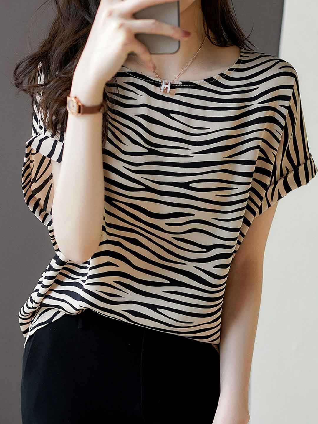 Valeria Loose Crew Neck Striped Chiffon Top