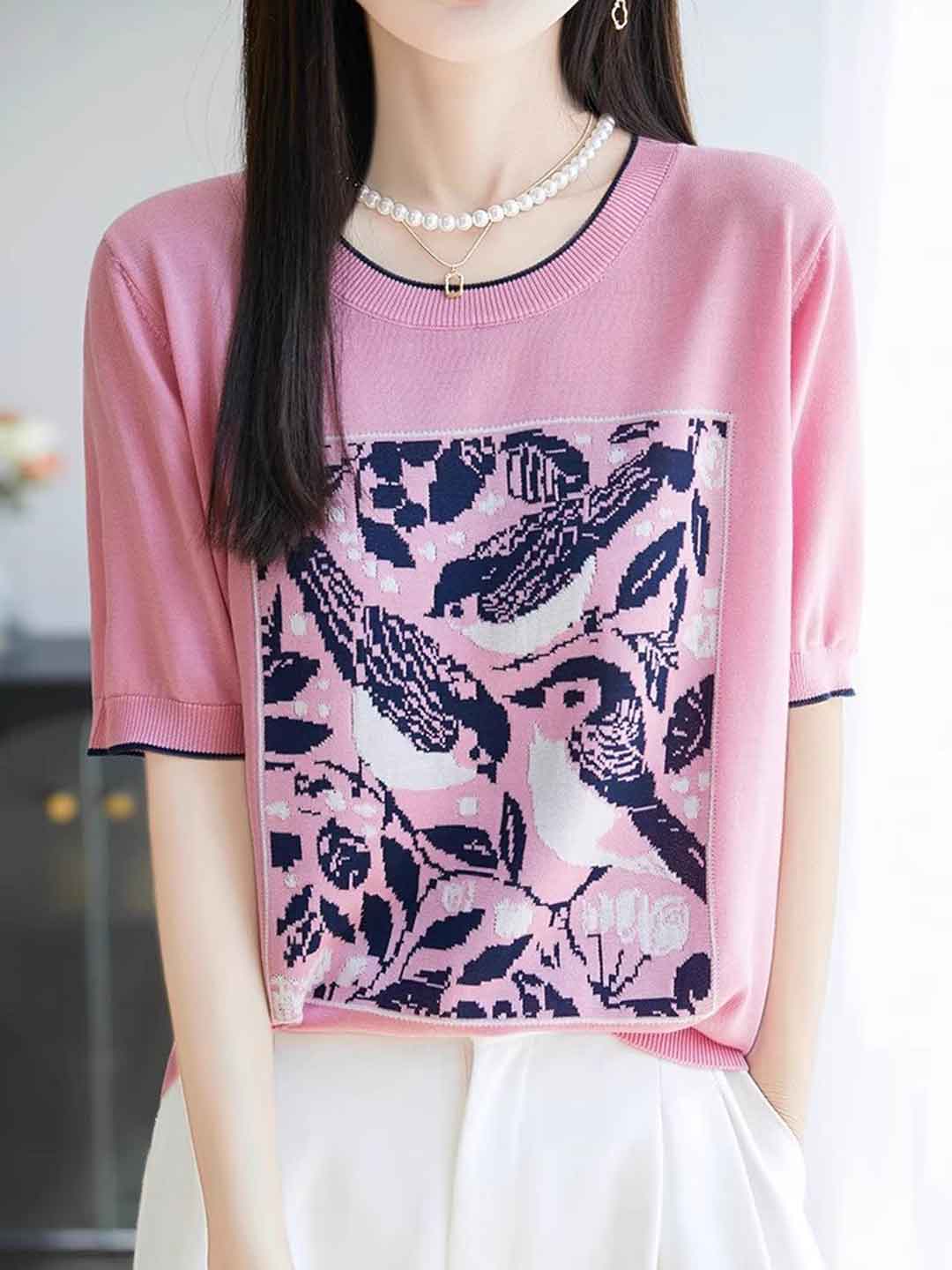 Zoey Loose Crew Neck Jacquard Knitted Top