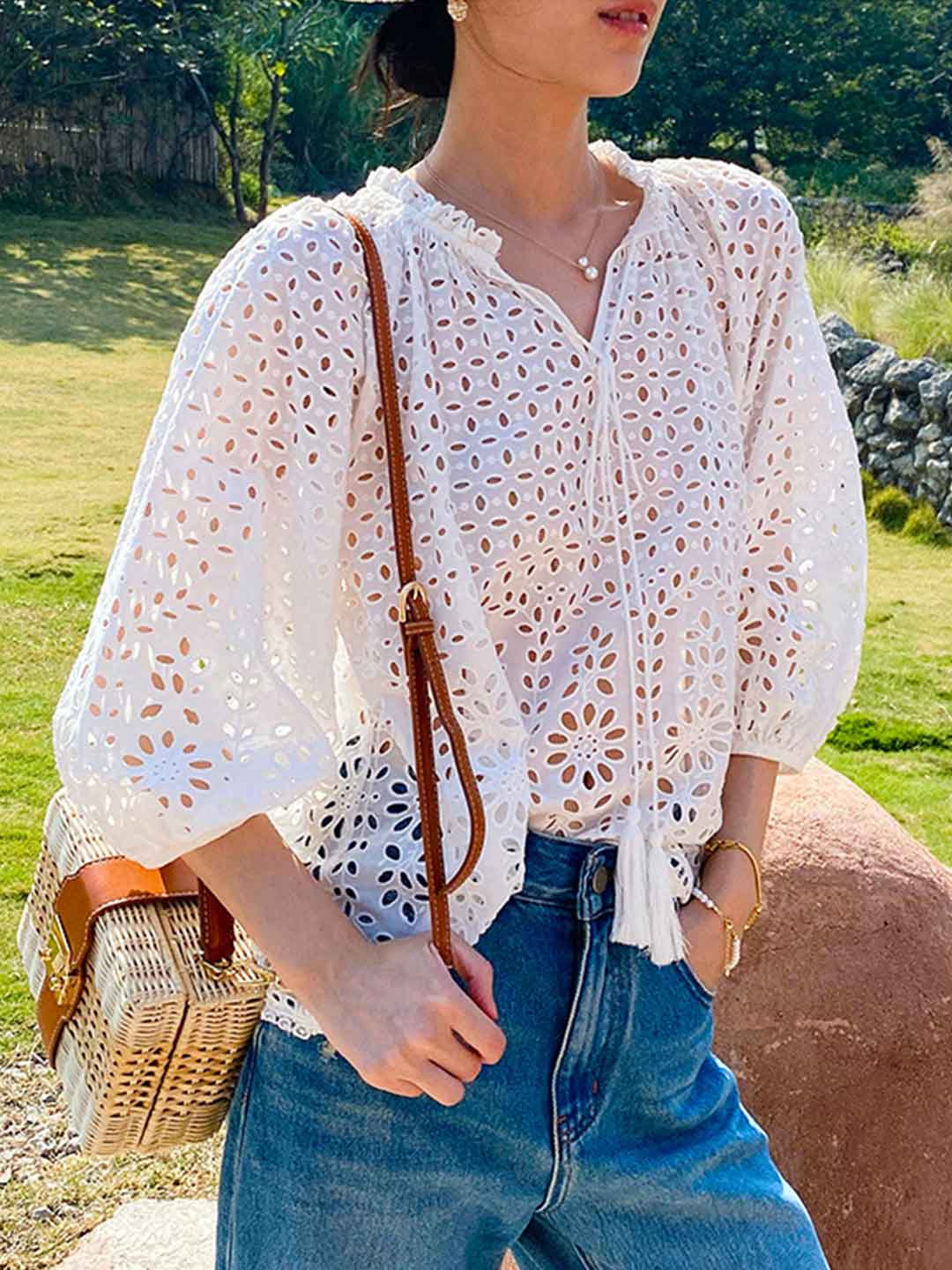 Claire Vacation V-Neck Embroidered Tie Top