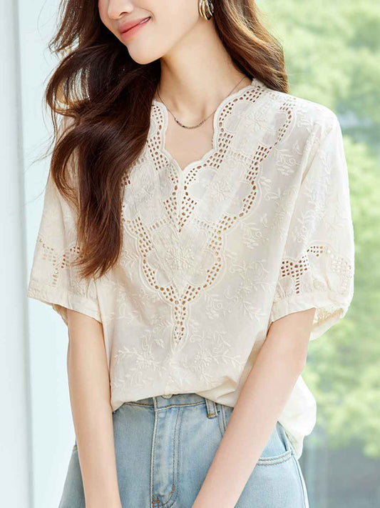 Eva Classic V-Neck Embroidered Hollowed Top