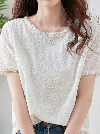 Valeria Elegant Crew Neck Lace Embroidered Chiffon Top