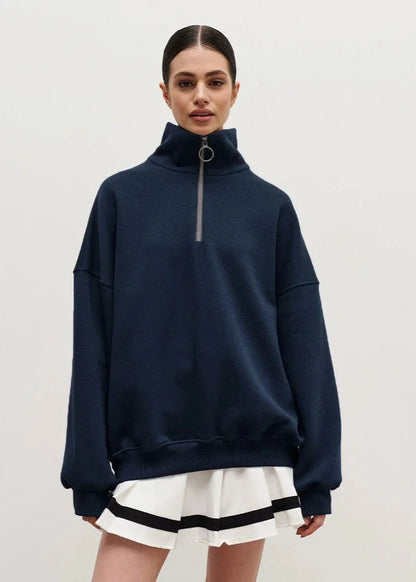 Chic Zip-Up Casual Navy Sweater