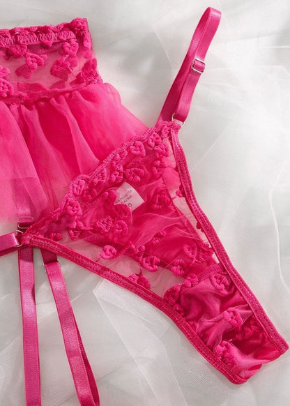 Cherry Bloom Lingerie Set – Sheer Embroidered Bra with Tulle Skirt & Garter