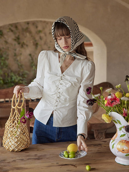 Jasmine Elegant V-Neck Puff sleeve Top-White