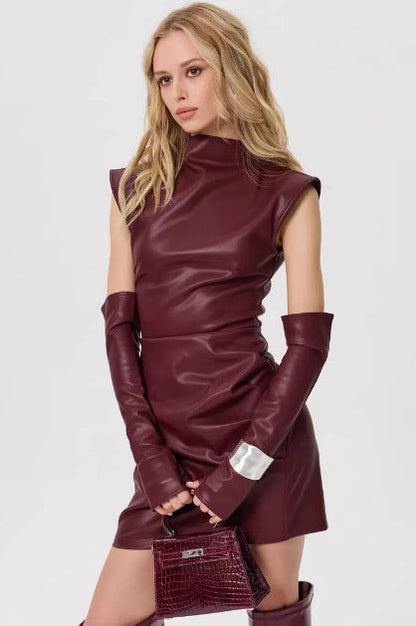 PU Leather Sleeveless Ruched Bodycon Mini Dress