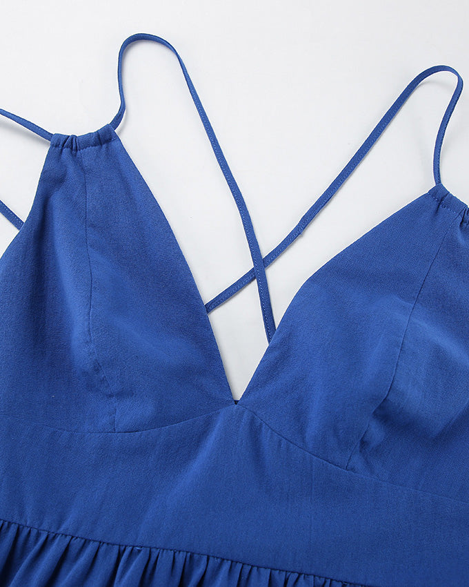 Blue Cotton and Linen V-Neck Halter Back Dress