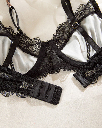 Lace Patchwork Leopard Print Underwire Push-up Breathable Bra Set