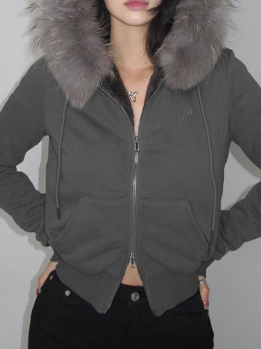 Vintage Solid Color Letter Embroidery Fur Stitching Jacket