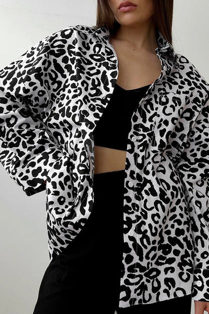 Leopard Print Turn Down Collar Long Sleeve Blouse