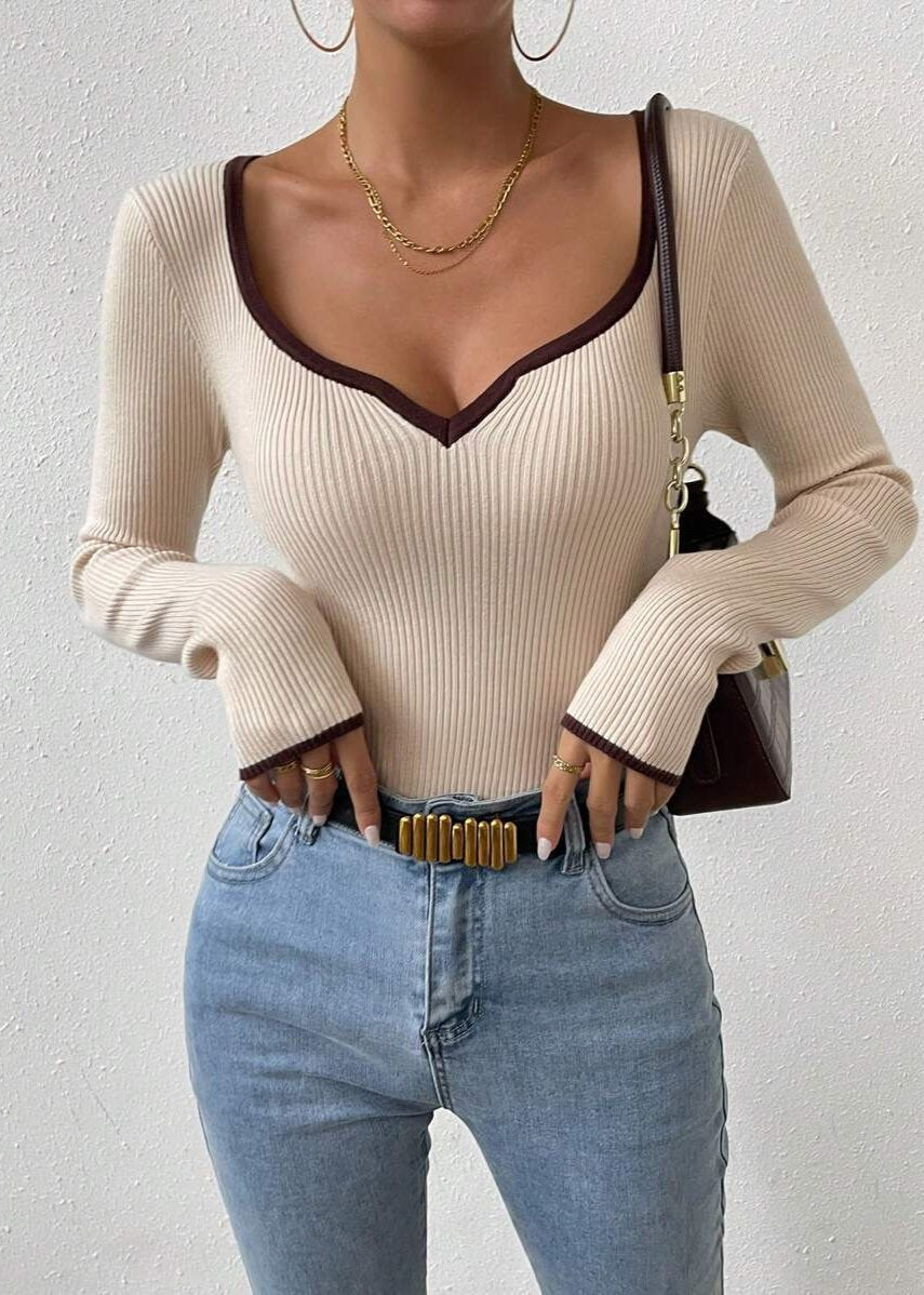 Classic Ribbed Knit V-Neck Sweater with Contrast Trim