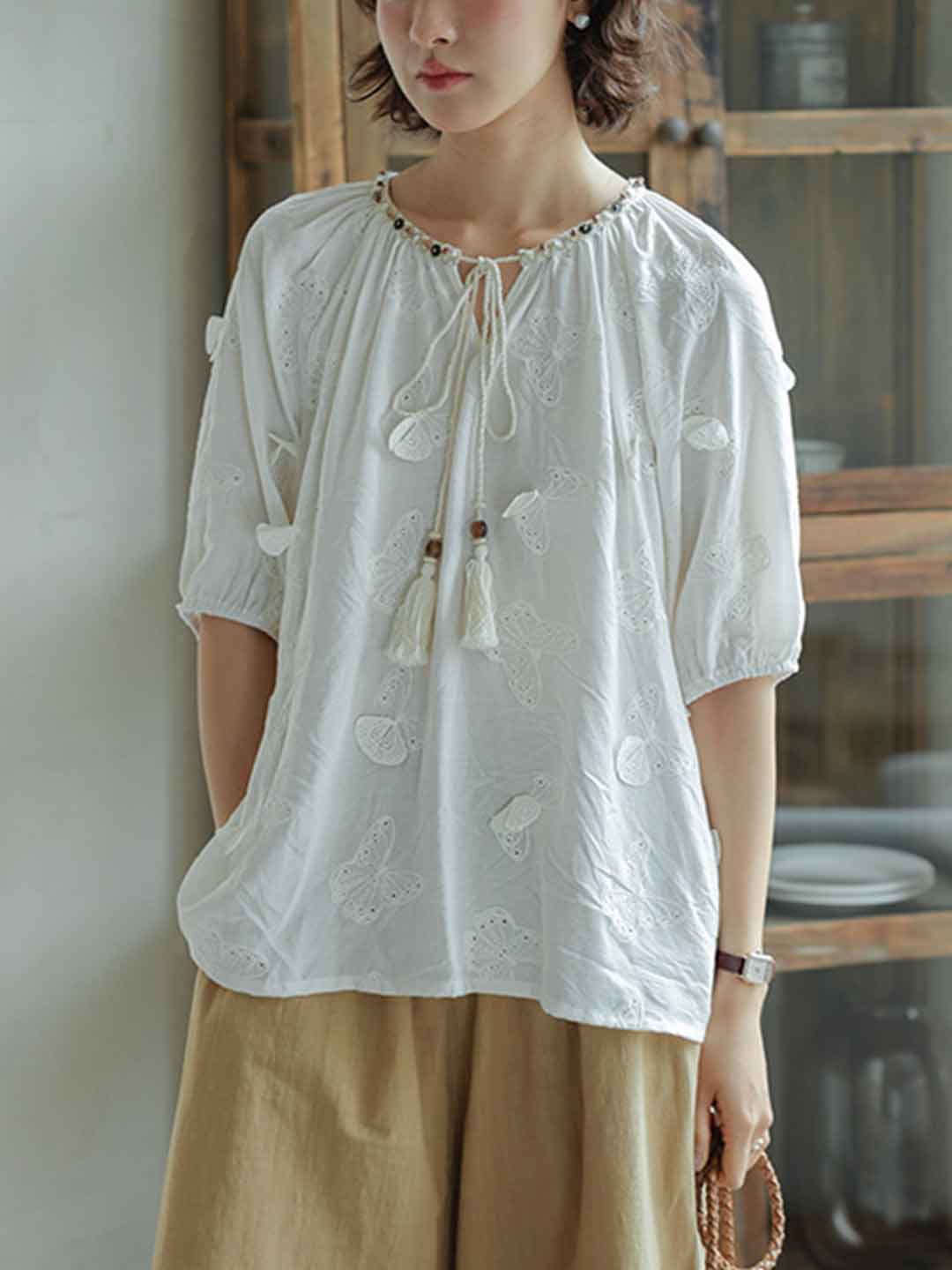 Sophie Elegant V-Neck Butterfly Embroidered Top