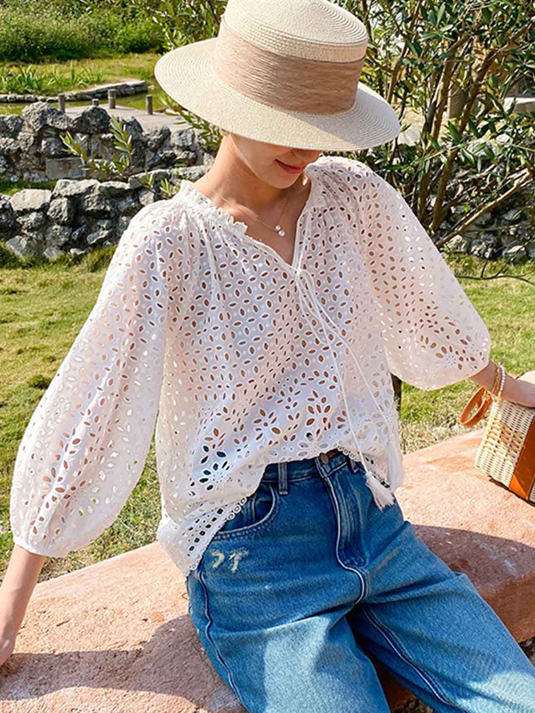 Claire Vacation V-Neck Embroidered Tie Top