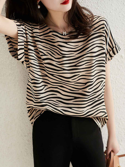 Valeria Loose Crew Neck Striped Chiffon Top