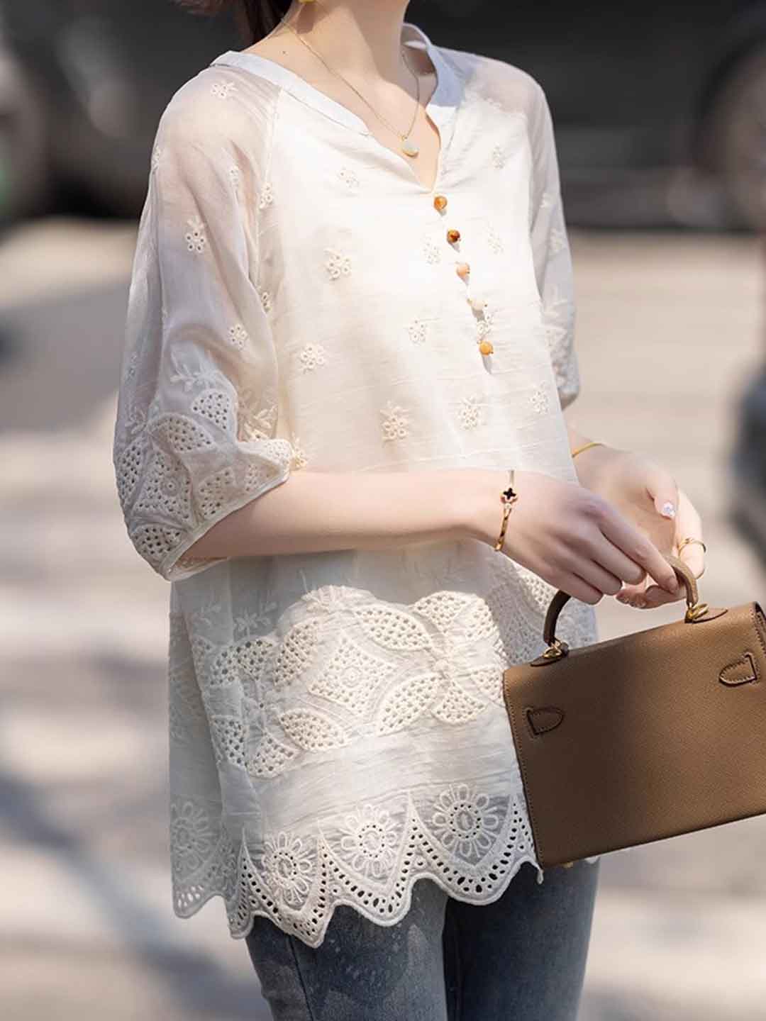 Eva Classic V-Neck Embroidered Chiffon Blouse