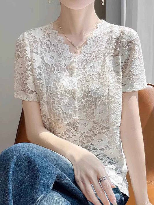 Valeria Classic V-Neck Solid Color Hollowed Lace Top