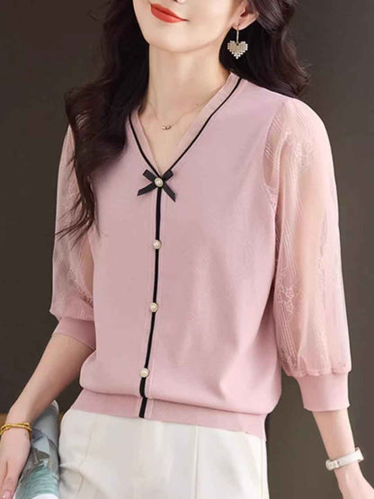 Taylor Loose V-Neck Bow Lace Knitted Top