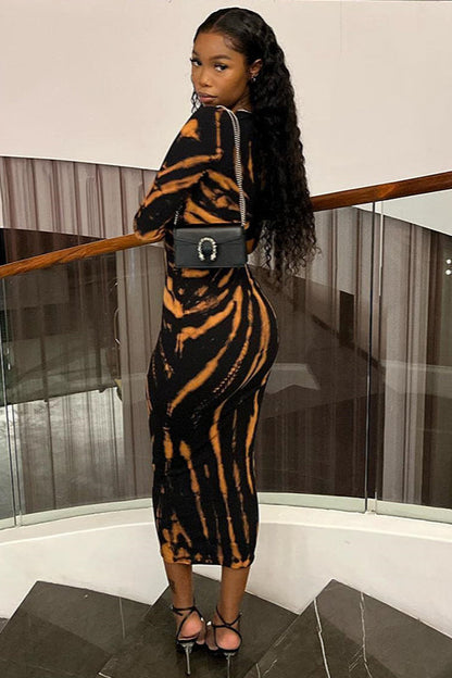 Sexy U-Neck Floral Print Long Sleeve Bodycon Maxi Dress