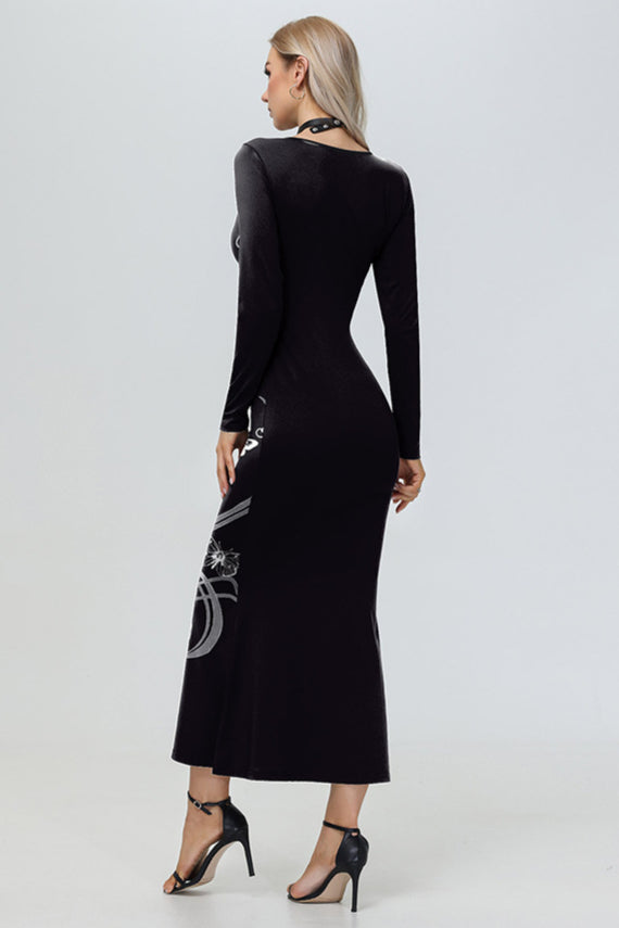 Trendy Skeleton Digital Print Long Sleeve Maxi Dress