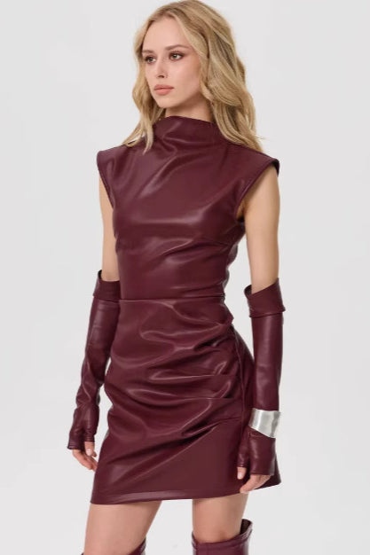 PU Leather Sleeveless Ruched Bodycon Mini Dress