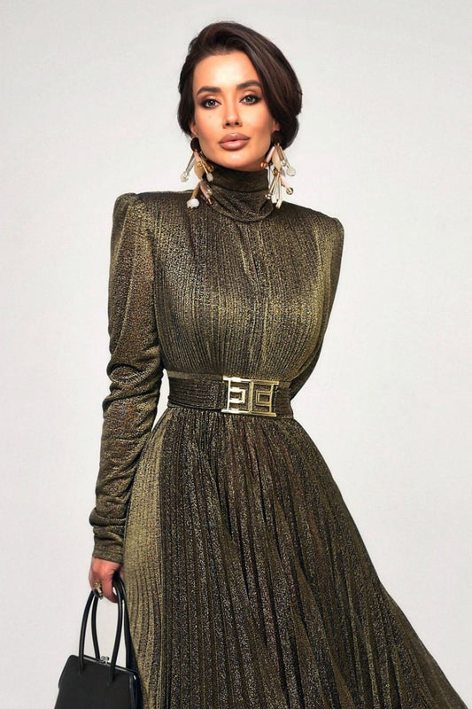 Elsie Metallic Pleated Belted Maxi Dress